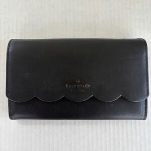 Kate Spade New York Scalloped Flap Leather Wallet Black Clutch no chain